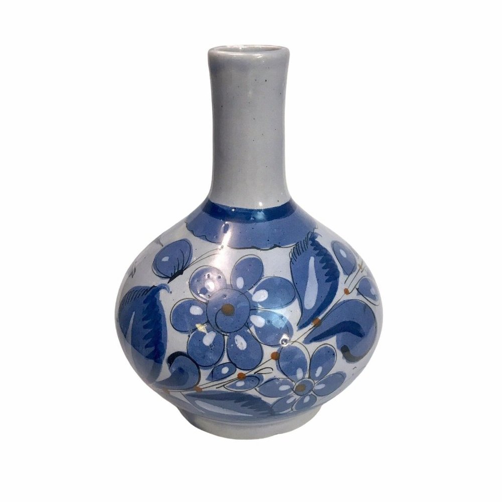 Vintage Tonala Mexican Pottery Vase Blue Birds Butterflies Floral 8.5" Signed VG - Picture 4 of 13